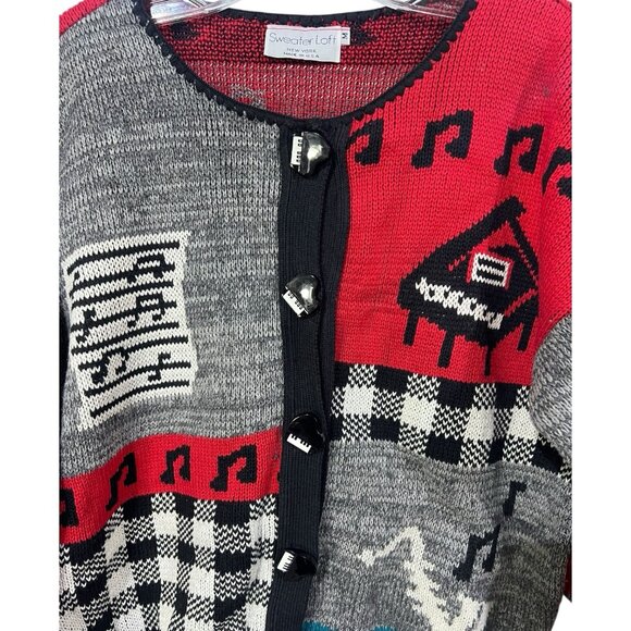 Vintage Sweater Loft Abstract Piano Music Knit Cardigan 80s 90s Art Sweater Med - Picture 3 of 9